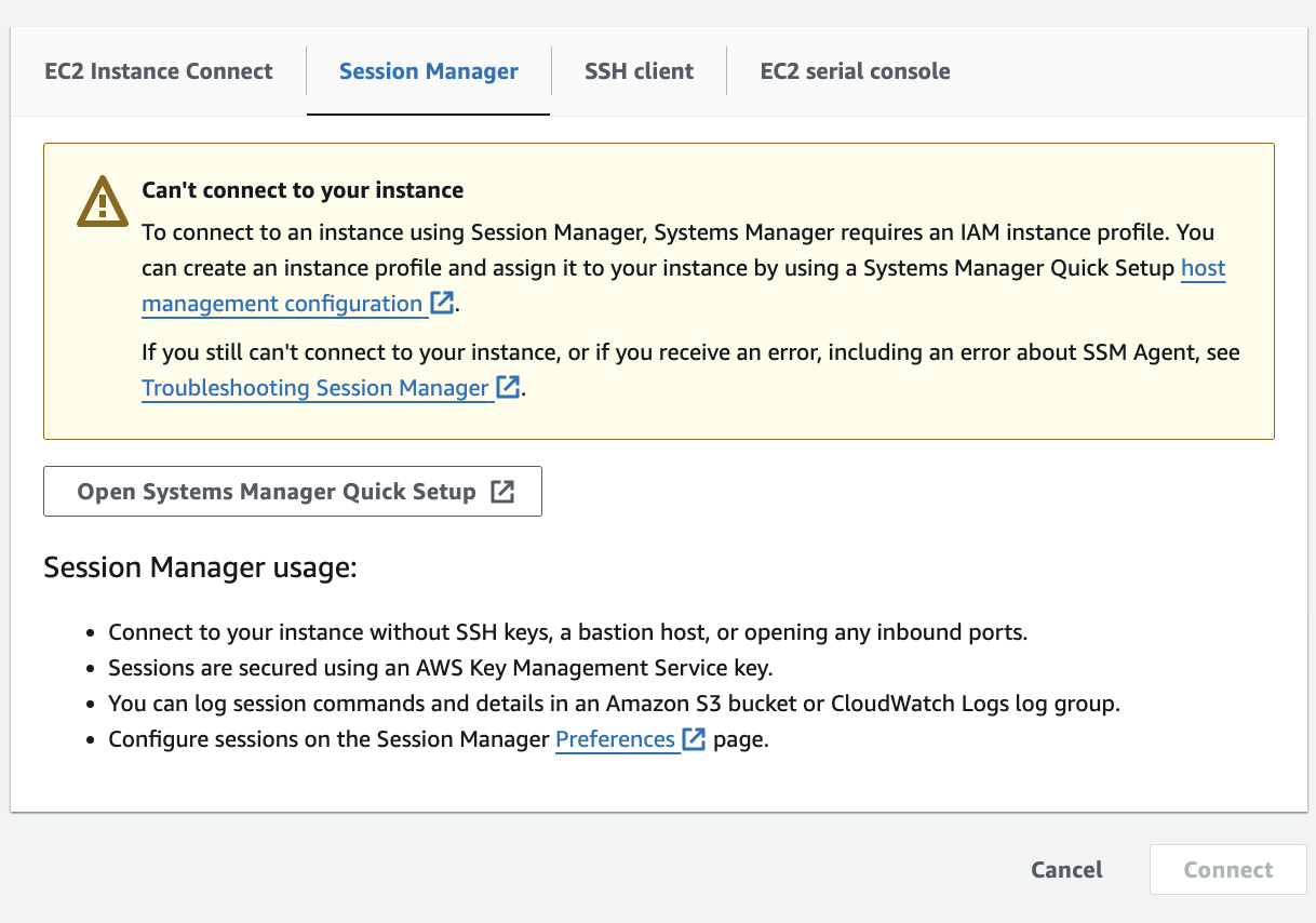 How to SSH into private EC2 instance, initial screen of how Session Manager looks
